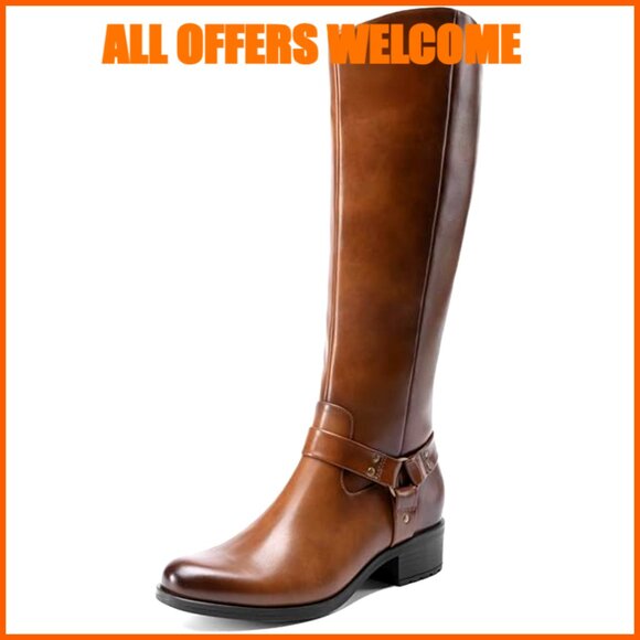 Faux Leather Knee High Boots with Side Zipper and Buckle Detail
